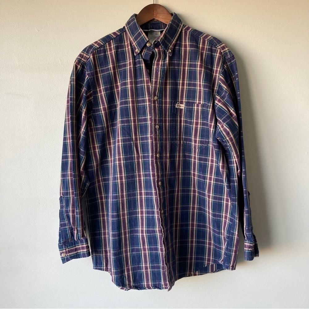 Carhartt Rugged Outdoor Wear Mens Blue Plaid Long Sleeve Button Down Shirt XL